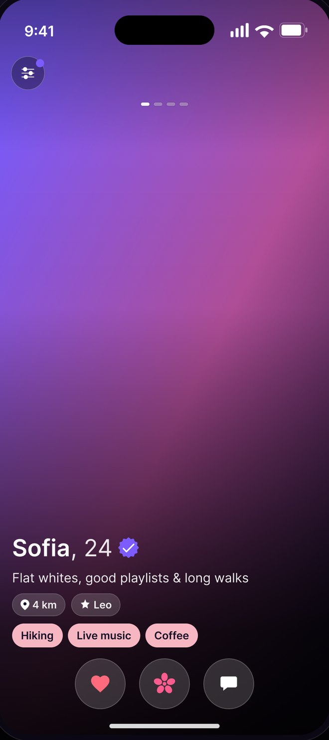 Vif Discover screen: a nearby profile with interests and like, star and message buttons